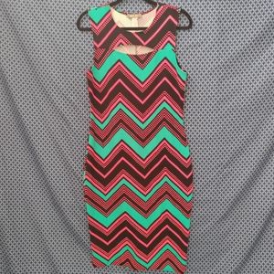 Brat Star - Women's black, teal and neon orange chevron pattern dress. Size- 1XL